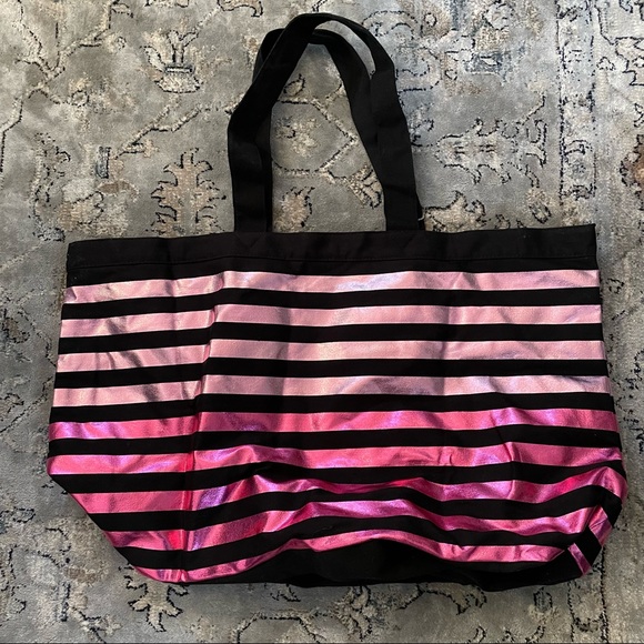 Victoria's Secret Overnight Canvas Purse Metallic Pink w/ Black Stripes Tote - Picture 2 of 13